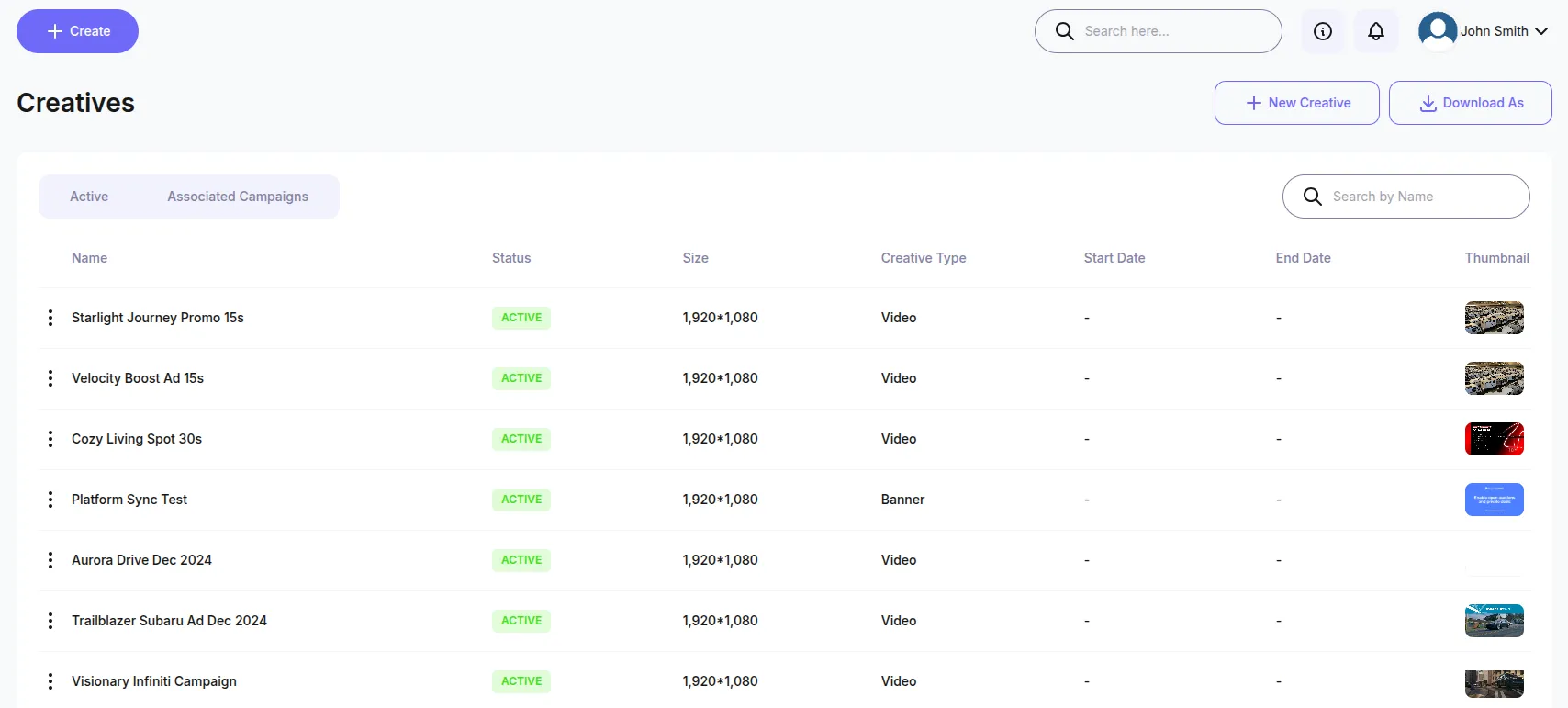 Creatives management with video and banner assets, status tracking, and thumbnails