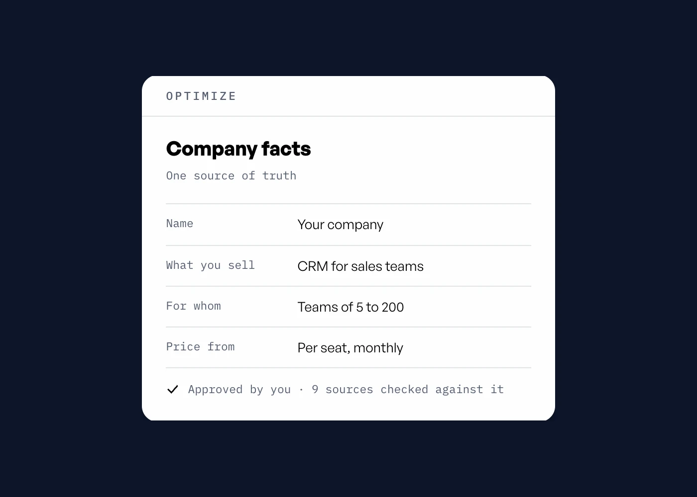 shyash.ai'da Optimize adımı: bir kişinin onayladığı, tek doğruluk kaynağındaki şirket bilgileri