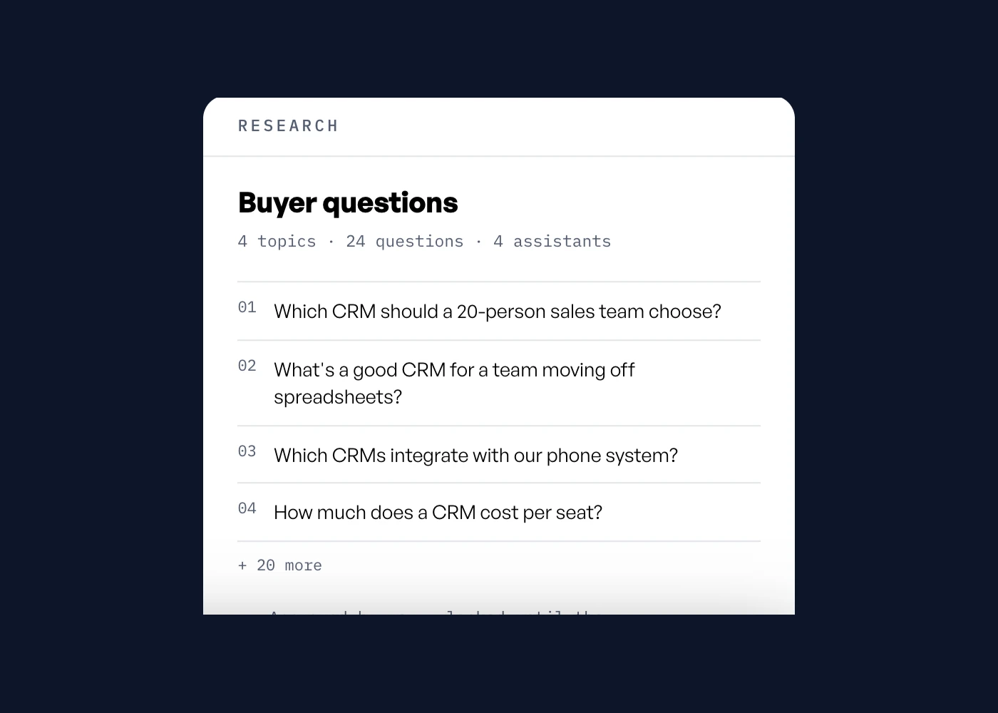 shyash.ai'da Research adımı: yapay zekâ asistanlarına sorulan alıcı soruları, konulara göre gruplanmış